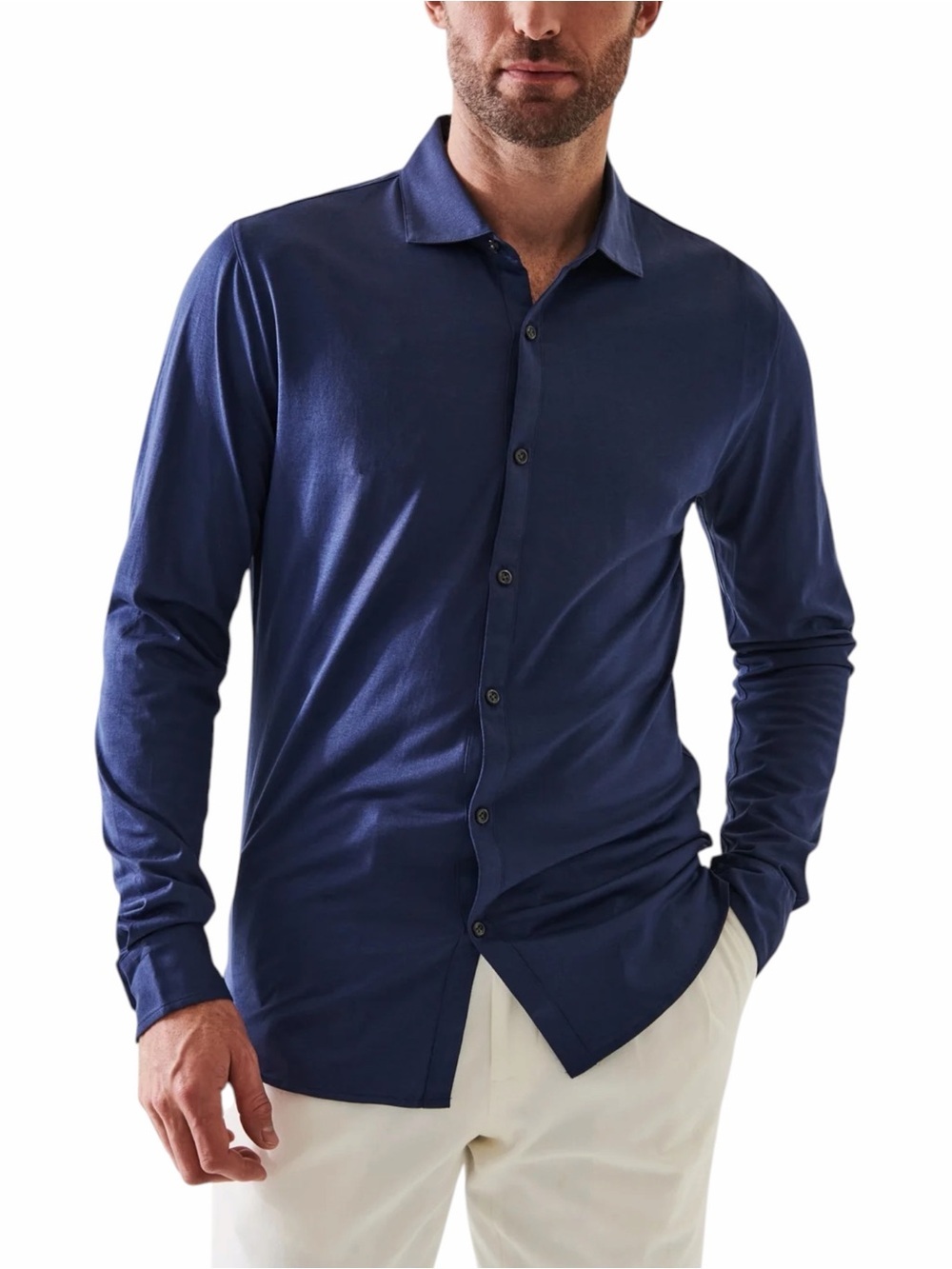 Patrick Assaraf Men's Navy Long-Sleeve Silk Cotton Button-Up Shirt M